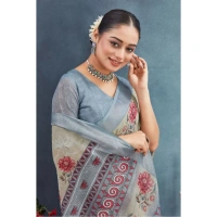 Generic Women's Linen Floral Printed Saree With Unstitched Blouse 5.5Mtr (Beige) - Beige