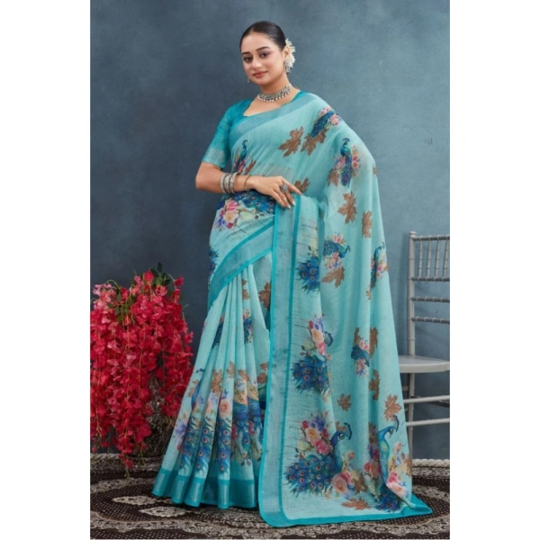 Generic Women's Linen Floral Printed Saree With Unstitched Blouse 5.5Mtr (Aqua) - Aqua