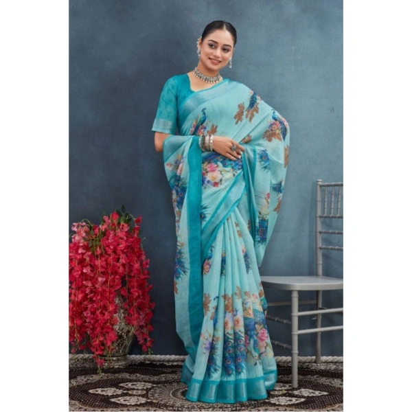 Generic Women's Linen Floral Printed Saree With Unstitched Blouse 5.5Mtr (Aqua) - Aqua