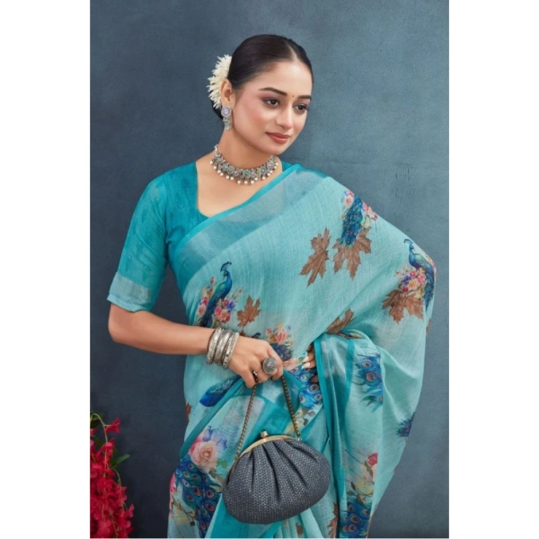 Generic Women's Linen Floral Printed Saree With Unstitched Blouse 5.5Mtr (Aqua) - Aqua