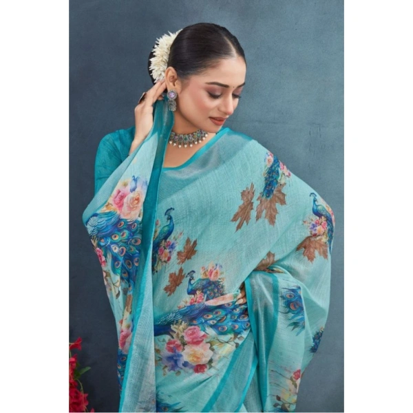Generic Women's Linen Floral Printed Saree With Unstitched Blouse 5.5Mtr (Aqua) - Aqua