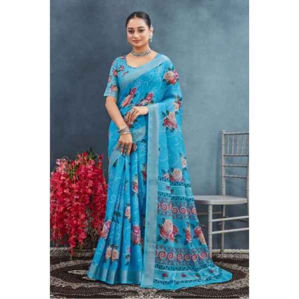 Generic Women's Linen Floral Printed Saree With Unstitched Blouse 5.5Mtr (Blue) - Blue