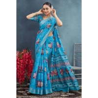Generic Women's Linen Floral Printed Saree With Unstitched Blouse 5.5Mtr (Blue) - Blue