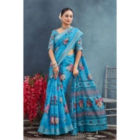 Generic Women's Linen Floral Printed Saree With Unstitched Blouse 5.5Mtr (Blue) - Blue