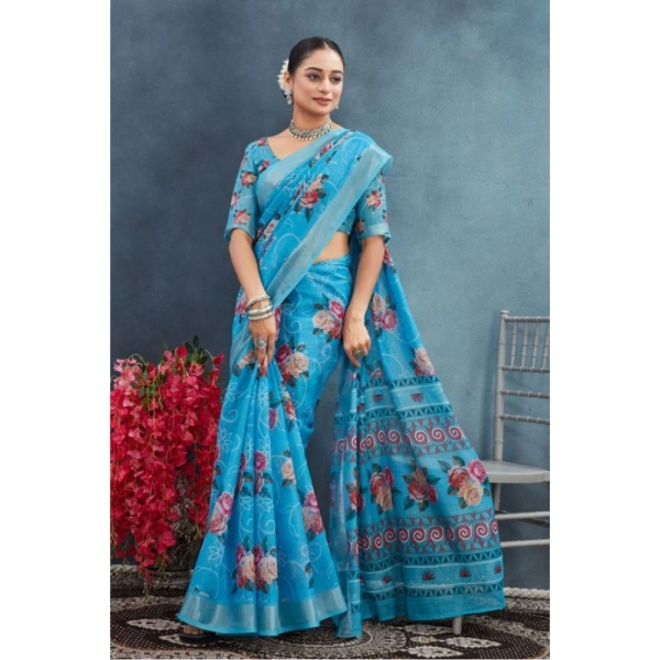 Generic Women's Linen Floral Printed Saree With Unstitched Blouse 5.5Mtr (Blue) - Blue