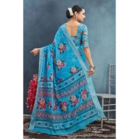 Generic Women's Linen Floral Printed Saree With Unstitched Blouse 5.5Mtr (Blue) - Blue