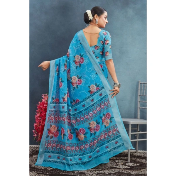 Generic Women's Linen Floral Printed Saree With Unstitched Blouse 5.5Mtr (Blue) - Blue