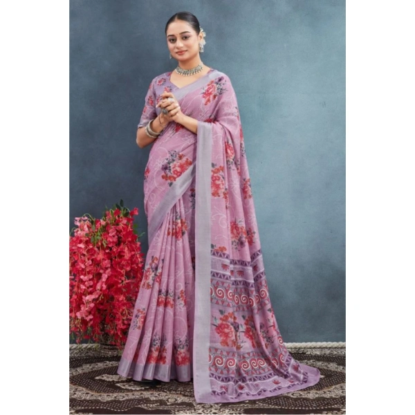Generic Women's Linen Floral Printed Saree With Unstitched Blouse 5.5Mtr (Purple) - Purple