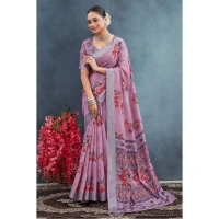 Generic Women's Linen Floral Printed Saree With Unstitched Blouse 5.5Mtr (Purple) - Purple