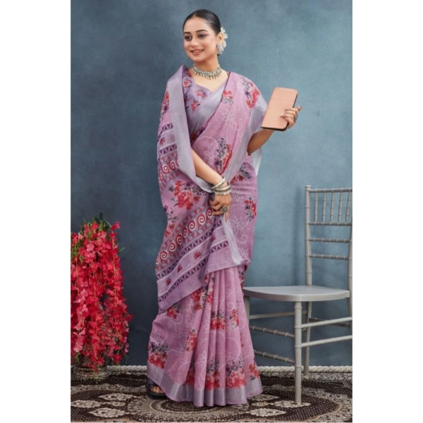 Generic Women's Linen Floral Printed Saree With Unstitched Blouse 5.5Mtr (Purple) - Purple