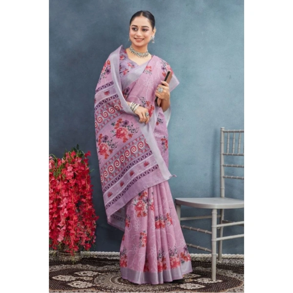 Generic Women's Linen Floral Printed Saree With Unstitched Blouse 5.5Mtr (Purple) - Purple