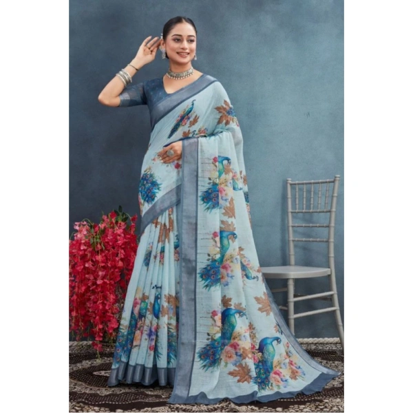 Generic Women's Linen Floral Printed Saree With Unstitched Blouse 5.5Mtr (Grey) - Grey