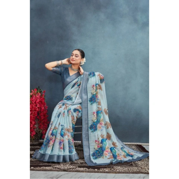 Generic Women's Linen Floral Printed Saree With Unstitched Blouse 5.5Mtr (Grey) - Grey