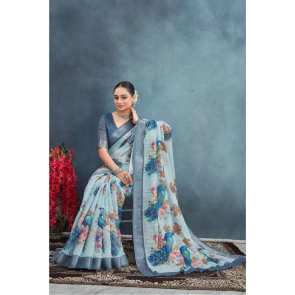 Generic Women's Linen Floral Printed Saree With Unstitched Blouse 5.5Mtr (Grey) - Grey