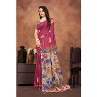 Women's Linen Printed Saree With Unstitched Blouse 5.5Mtr (Purple)