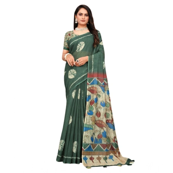 Women's Linen Printed Saree With Unstitched Blouse 5.5Mtr (Dark Green)