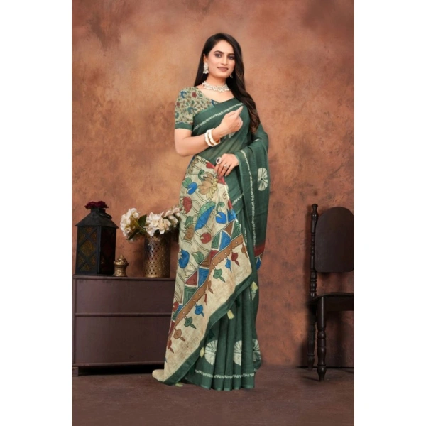 Women's Linen Printed Saree With Unstitched Blouse 5.5Mtr (Dark Green)
