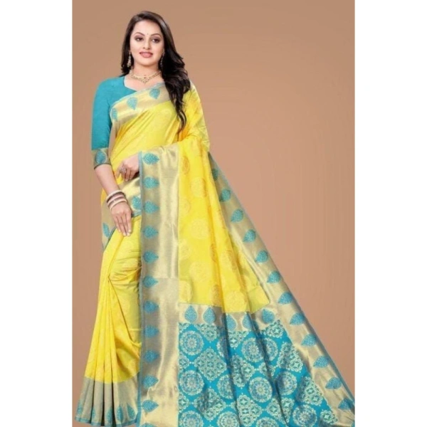 Shopnav Women's Litchi silk Printed Saree With Unstitched Blouse (Yellow)