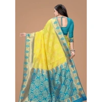 Shopnav Women's Litchi silk Printed Saree With Unstitched Blouse (Yellow)
