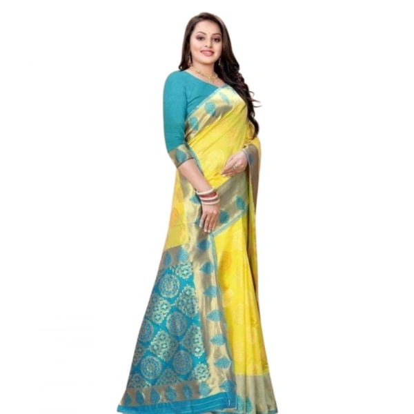 Shopnav Women's Litchi silk Printed Saree With Unstitched Blouse (Yellow)