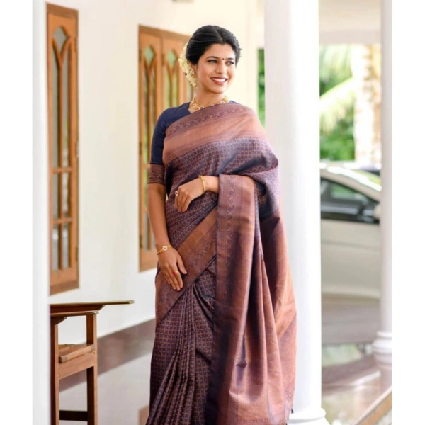 Shopnav Women's Litchi silk Printed Saree With Unstitched Blouse (Navy Blue)