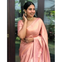 Shopnav Women's Litchi silk Printed Saree With Unstitched Blouse (Peach)