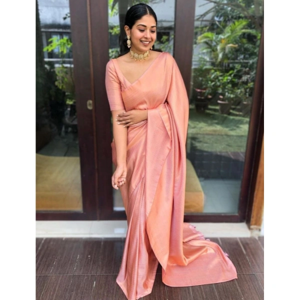 Shopnav Women's Litchi silk Printed Saree With Unstitched Blouse (Peach)