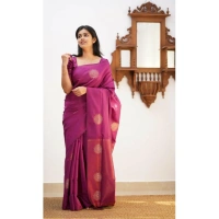Shopnav Women's Litchi silk Printed Saree With Unstitched Blouse (Dark Pink)