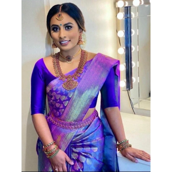 Shopnav Women's Litchi silk Printed Saree With Unstitched Blouse (Blue)