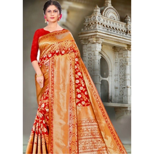 Shopnav Women's Litchi silk Printed Saree With Unstitched Blouse (Red)