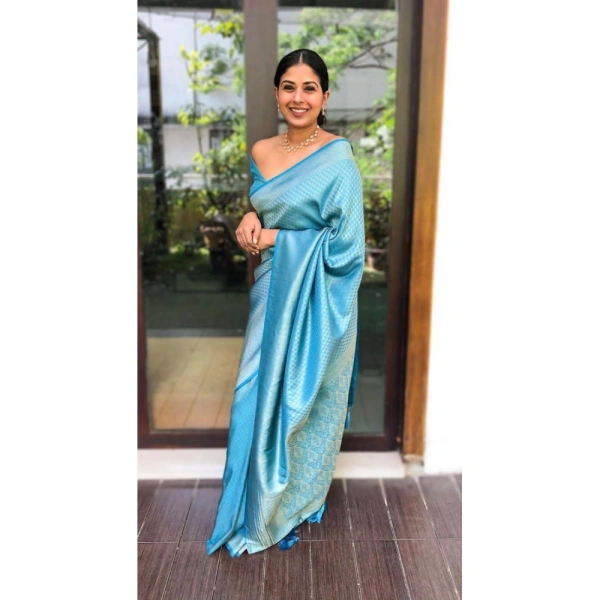 Shopnav Women's Litchi silk Printed Saree With Unstitched Blouse (Sky Blue)