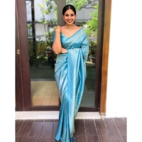 Shopnav Women's Litchi silk Printed Saree With Unstitched Blouse (Sky Blue)