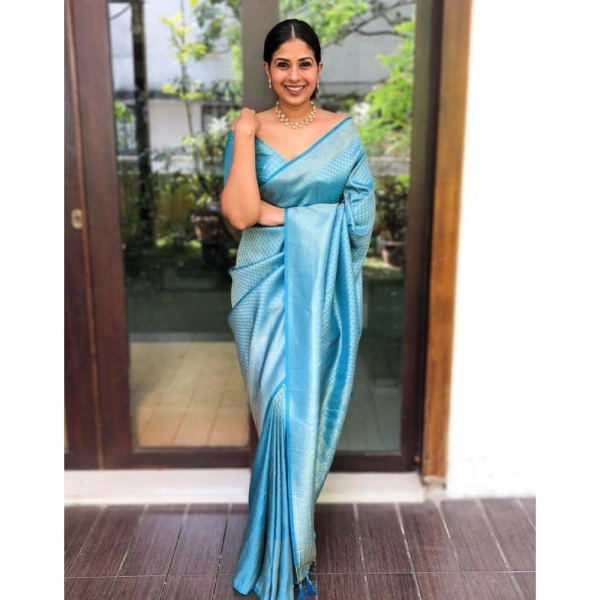 Shopnav Women's Litchi silk Printed Saree With Unstitched Blouse (Sky Blue)