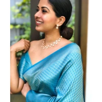 Shopnav Women's Litchi silk Printed Saree With Unstitched Blouse (Sky Blue)