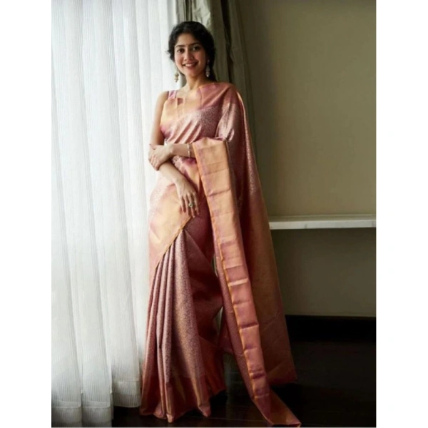 Shopnav Women's Litchi silk Printed Saree With Unstitched Blouse (Light Pink)