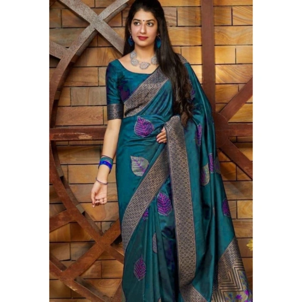 Shopnav Women's Litchi silk Printed Saree With Unstitched Blouse (Rama Blue)