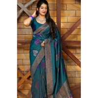Shopnav Women's Litchi silk Printed Saree With Unstitched Blouse (Rama Blue)