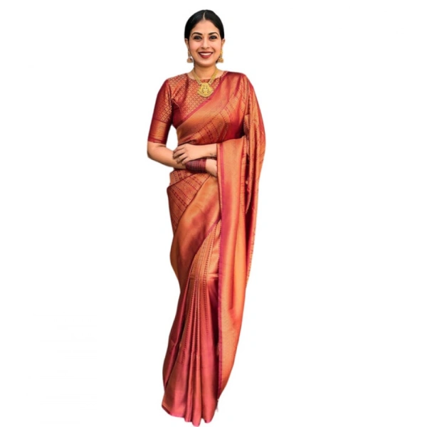 Shopnav Women's Litchi silk Printed Saree With Unstitched Blouse (Red)