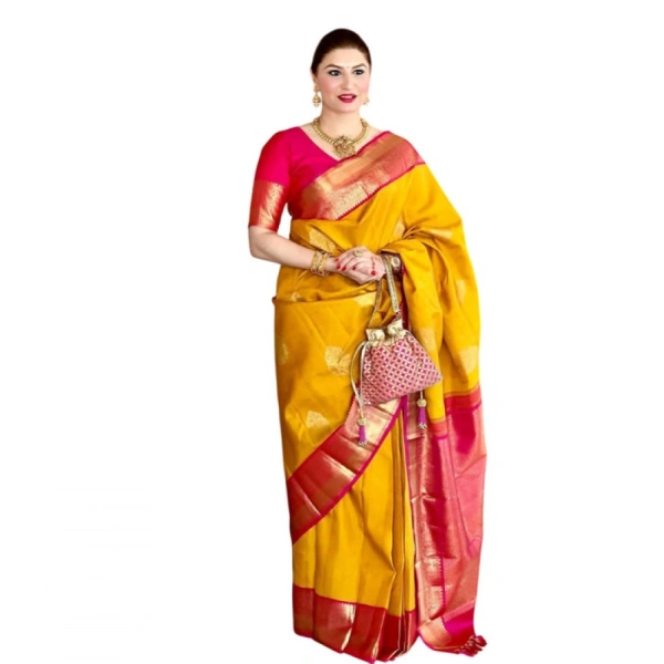 Shopnav Women's Litchi silk Printed Saree With Unstitched Blouse (Yellow)