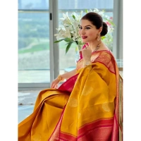 Shopnav Women's Litchi silk Printed Saree With Unstitched Blouse (Yellow)