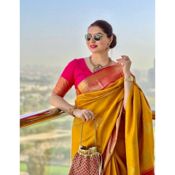 Shopnav Women's Litchi silk Printed Saree With Unstitched Blouse (Yellow)