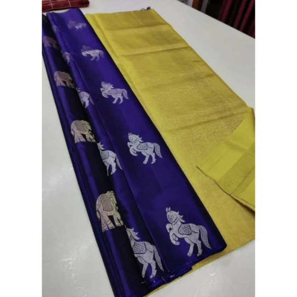 Shopnav Women's Litchi silk Printed Saree With Unstitched Blouse (Navy Blue With Yellow)