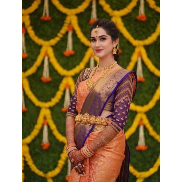 Shopnav Women's Litchi silk Printed Saree With Unstitched Blouse (Orange)