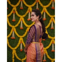 Shopnav Women's Litchi silk Printed Saree With Unstitched Blouse (Orange)