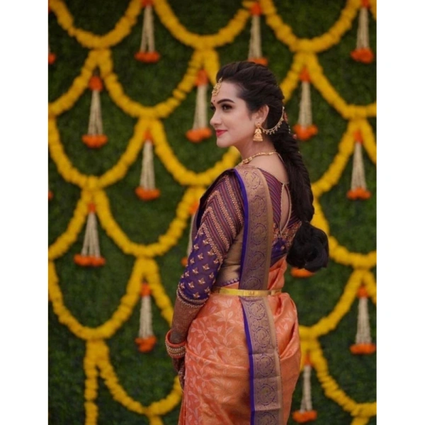 Shopnav Women's Litchi silk Printed Saree With Unstitched Blouse (Orange)