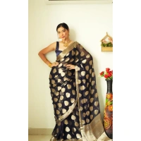 Shopnav Women's Litchi silk Printed Saree With Unstitched Blouse (Black)