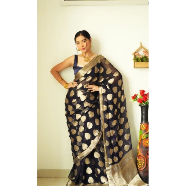 Shopnav Women's Litchi silk Printed Saree With Unstitched Blouse (Black)