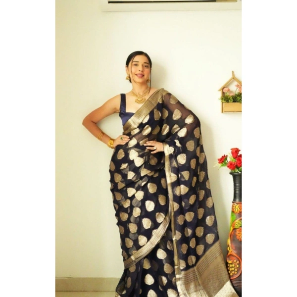 Shopnav Women's Litchi silk Printed Saree With Unstitched Blouse (Black)