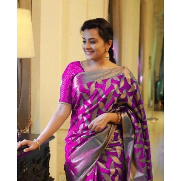 Shopnav Women's Litchi silk Printed Saree With Unstitched Blouse (Pink)