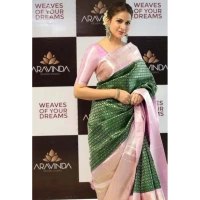 Shopnav Women's Litchi silk Printed Saree With Unstitched Blouse (Green)